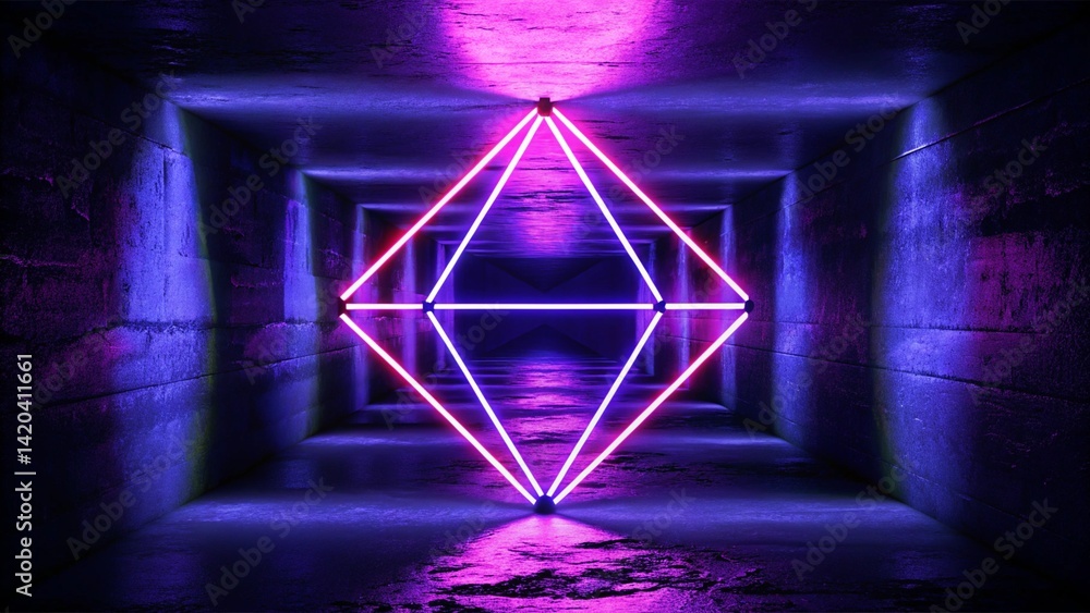 Poster 3d render. geometric figure in neon light against a dark tunnel. laser glow. futuristic background w
