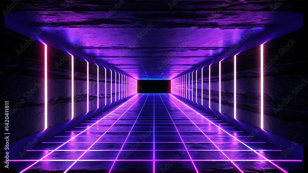 Poster 3d render. geometric figure in neon light against a dark tunnel. laser glow. futuristic background w