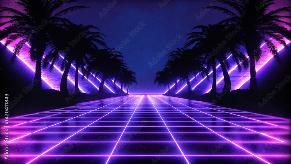 Poster 3d render. geometric figure in neon light against a dark tunnel. laser glow. futuristic background w