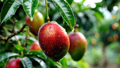 Close-up of a ripe mango hanging on a tree branch covered with water droplets after a rainfall