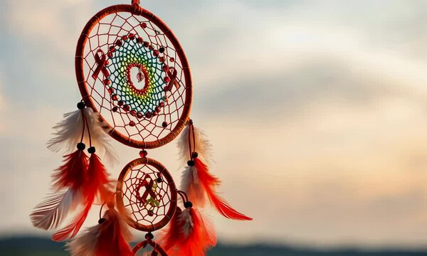 Dreamcatchers decorated with red ribbons and feathers hanging against scenic background
