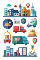 City delivery service with various transports and buildings