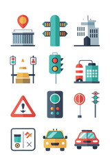 Cartoon City Transportation Icons Illustration for Mobile App