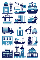 Transportation Icons: Shipping, Logistics, and Portside Elements Vector