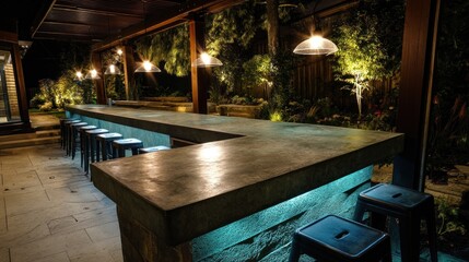 Fototapeta premium Modern outdoor bar with cement countertops and mood lights 