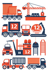 Fototapeta premium Illustrated Transportation and Construction Vehicles in Orange and Blue