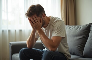 Sad man sitting alone on sofa at home. Depressed young male covering face with hands. Male in casual attire suffering from stress and problems. Mental health, psychology concept.