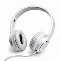 Close up of white headphones with cable on white surface isolated on white background