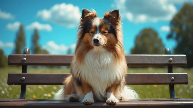 lovable sheepdog on a bench