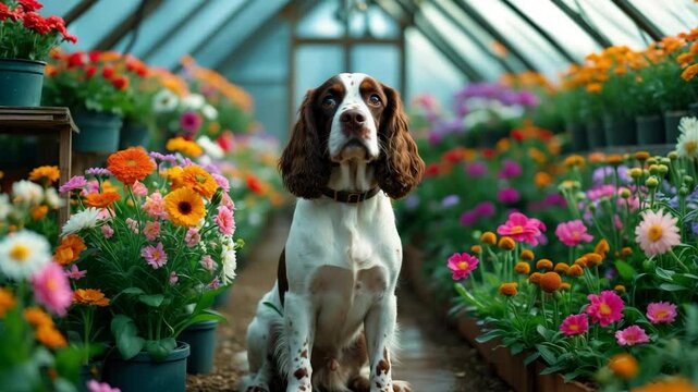 charming spaniel resting among flowers in a greenhouse