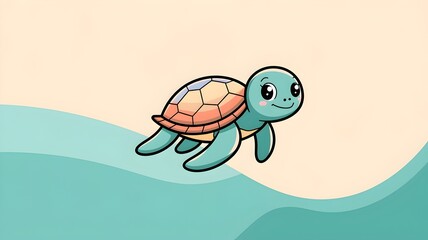 Cute cartoon turtle swimming in the ocean. This adorable sea turtle has a cheerful expression and pastel-colored shell. It's perfect for children's books, websites.
