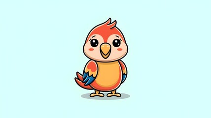 A cute cartoon bird with vibrant plumage, rendered in a charming, animated style. The bird is adorable, expressive and beckoning viewers. The background is a soft sky-blue color.