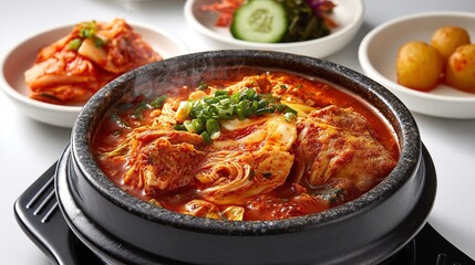 Fototapeta premium Korean Food:A steaming bowl of kimchi stew, a traditional Korean dish, sits surrounded by various side dishes, hinting at a flavorful dining experience.