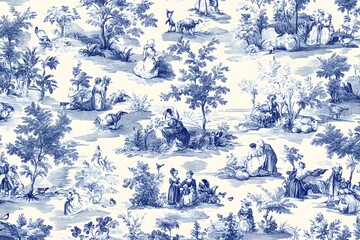 elegant blue and white toile pattern intricate pastoral scenes delicate brushwork classic french country aesthetic