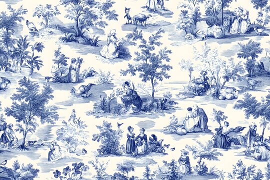 Fototapeta elegant blue and white toile pattern intricate pastoral scenes delicate brushwork classic french country aesthetic