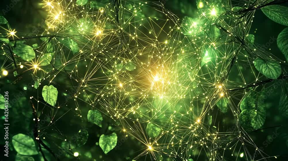 Poster network growth concept evokes interconnectedness in a vibrant green digital landscape with glowing n
