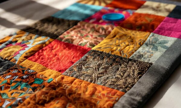 Colorful patchwork quilt with diverse textile patterns on bed