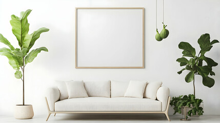 Minimalist home interior with a beige sofa, fig plant, and frame mockup.