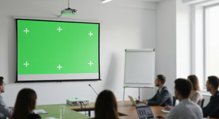 A modern conference room with a green screen presentation, featuring a diverse group of professionals engaged in discussion