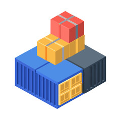 Isometric shipping containers and boxes, global logistics illustration