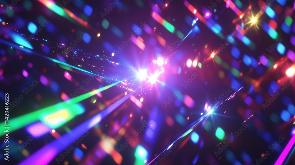 Poster a vibrant display of colorful light beams and bokeh effects, creating a dynamic and energetic atmosp