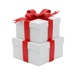 Fototapeta premium Two stacked white gift boxes tied with vibrant red ribbon and bow, creating anticipation and