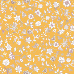 This seamless pattern features delicately drawn white and beige botanical flowers on a rich mustard yellow background. Perfect for digital papers, wallpapers, textiles, and elegant packaging. Colors