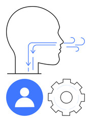 Human head outline showing airflow through nose and throat, circular user icon, and gear. Ideal for healthcare, anatomy, respiration, user profiles, engineering, education simple landing page