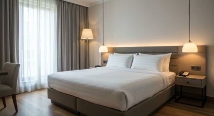 Modern, perfectly clean hotel bedroom with white linen, symmetrical setup and warm ambient lighting. Captured in DSLR quality.