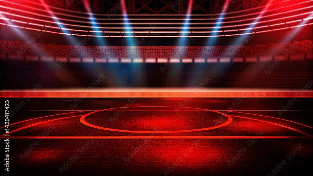 Poster abstract futuristic background of red empty stage arena stadium spotlight stage background, glowing 