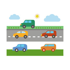 Cartoon cars on a road with sun and clouds