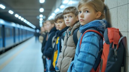 A diverse group of seven children stands in a hallway with brick walls, waiting in a line.