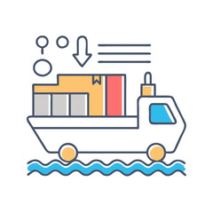 Cargo truck with goods over water delivery icon