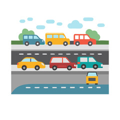 Flat Design: Cars on a Road under Clouds