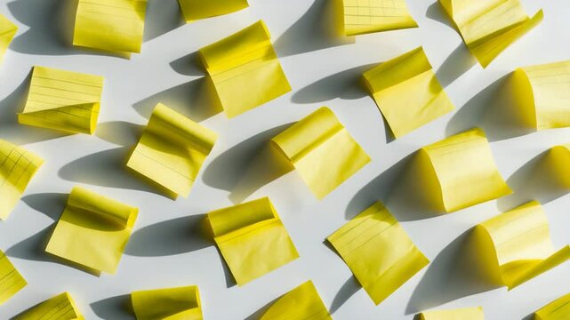 Yellow sticky notes against a white background. Investigating business, teamwork, and idea generation. Sticky note papers creating shadows.