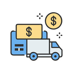 Money delivery truck icon on black background