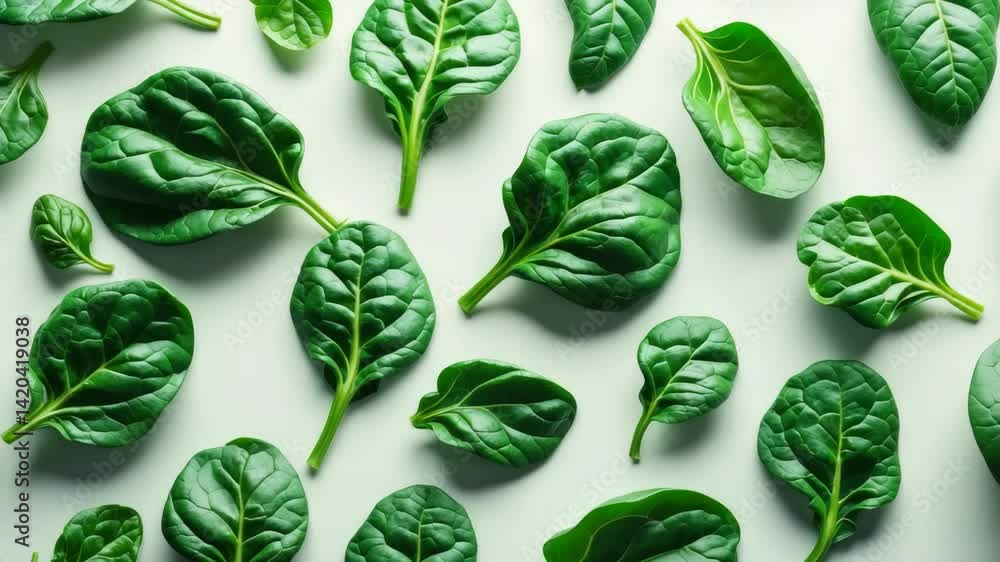 Poster white background with isolated spinach leaves. assorted spinach macro shots. top-down view. flat lay