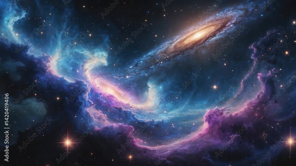 Poster planet and galaxy stars in free space featuring bright nebula and distant galaxy, abstract artwork g