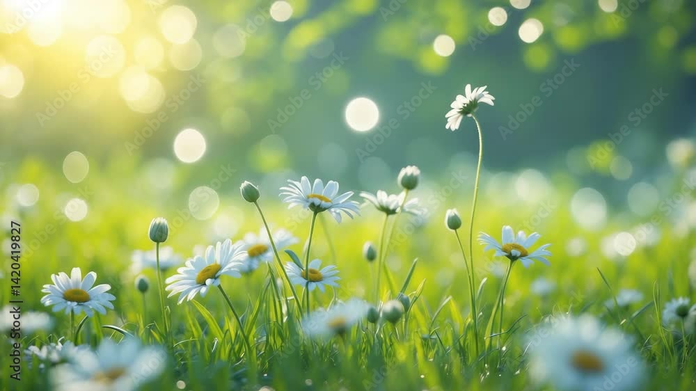 Poster bright spring meadow adorned with daisies. wide natural scene with shallow depth of field and vivid 