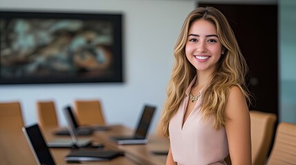 A woman in a gray blazer and cream turtleneck stands confidently in a modern conference room, smiling as she gestures while speaking.