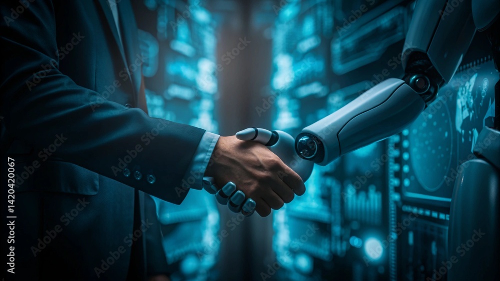 Poster businessman and robot handshake about tech innovation, machine learning progress and partnership wit