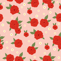 Seamless pattern with red roses and daisies. Vector graphics