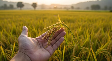 Golden Rice Fields at Sunrise: A Hand Reaches for Nature's Bounty