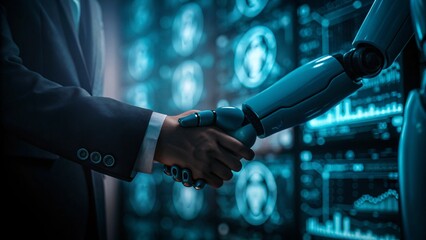 Businessman and robot handshake about tech innovation, machine learning progress and partnership with the future, artificial intelligence collaboration in digital transformation, and business growth
