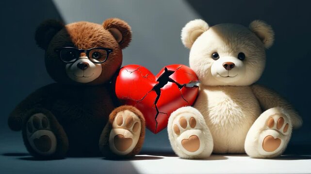 Teddy bears leaning against each other for support, featuring a broken heart - difficulties in relationships.