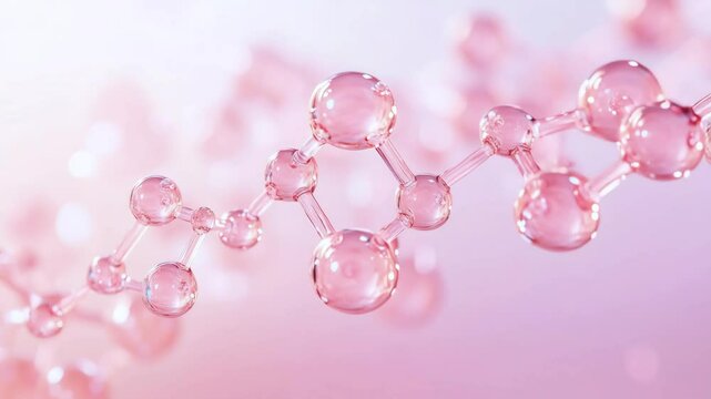 Abstract pink molecular structure of cosmetic peptides on soft gradient background, concept of skincare innovation, anti-aging ingredients and scientific beauty formulation