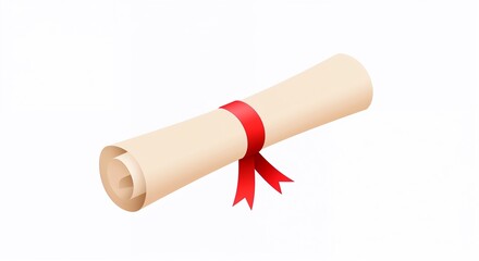 Diploma scroll tied with red ribbon on white background for graduation