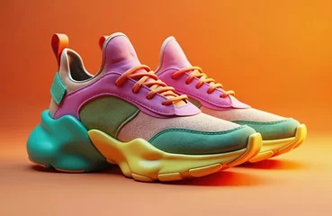 Fototapete Rund Bright, colorful sneakers on orange sole. Concept of stylish, fashionable footwear. Modern design, unique style, urban lifestyle. Fashionable sneakers, casual shoes, sports footwear, footwear for © Viktor