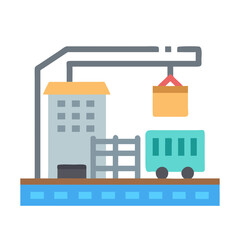 Flat Vector Illustration: Crane Loading Cargo Into Train