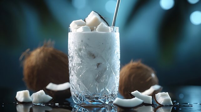 A modern coconut smoothie with glowing coconut chunks in a high-tech transparent glass  - Powered by Adobe